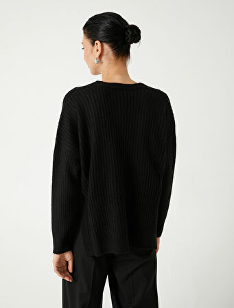 Basic V Yaka Oversize Triko Kazak Yumuşak Dokulu Uzun Kollu