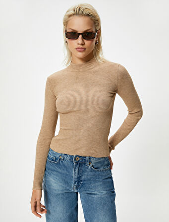 Dik Yaka Basic Triko Kazak Fitilli Uzun Kollu