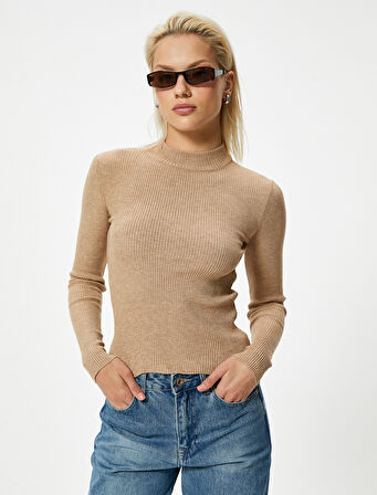 Dik Yaka Basic Triko Kazak Fitilli Uzun Kollu