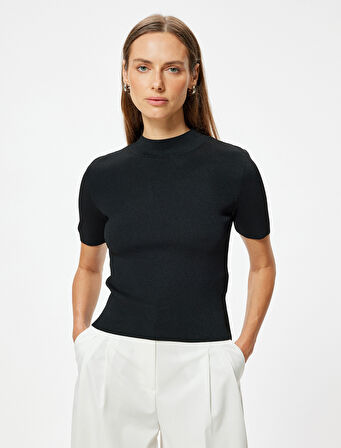 Kısa Kollu Basic Triko Kazak Dik Yaka