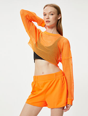 Oversize File Spor Tişört Crop Uzun Kollu Bisiklet Yaka