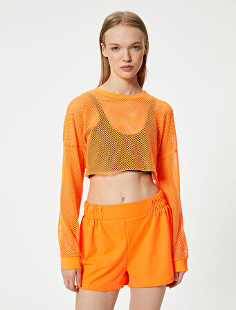 Oversize File Spor Tişört Crop Uzun Kollu Bisiklet Yaka