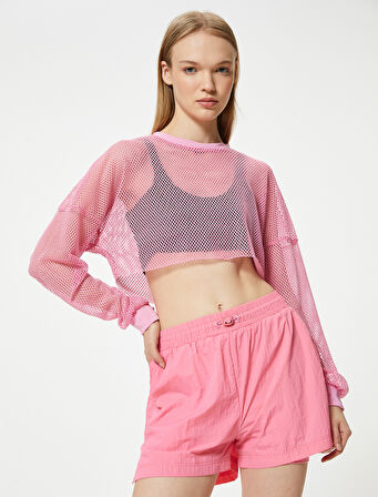 Oversize File Spor Tişört Crop Uzun Kollu Bisiklet Yaka