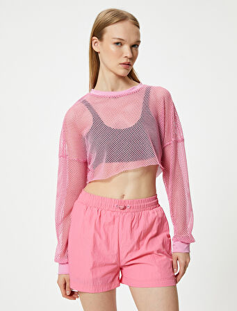 Oversize File Spor Tişört Crop Uzun Kollu Bisiklet Yaka
