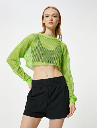 Oversize File Spor Tişört Crop Uzun Kollu Bisiklet Yaka