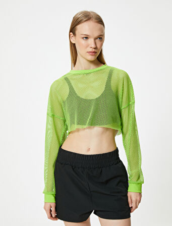 Oversize File Spor Tişört Crop Uzun Kollu Bisiklet Yaka