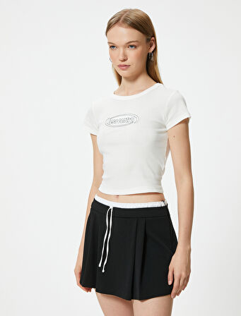 Crop Tişört Baskılı Kısa Kollu Slim Fit Bisiklet Yaka