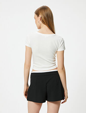 Crop Tişört Baskılı Kısa Kollu Slim Fit Bisiklet Yaka