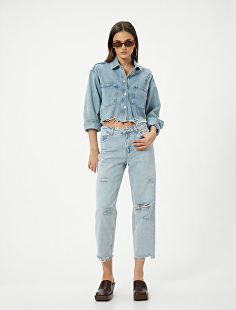 Çok Yıpratmalı Kısa Düz Kesik Paça Kot Pantolon Cepli - Eve Straight Jeans