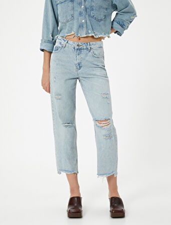 Çok Yıpratmalı Kısa Düz Kesik Paça Kot Pantolon Cepli - Eve Straight Jeans