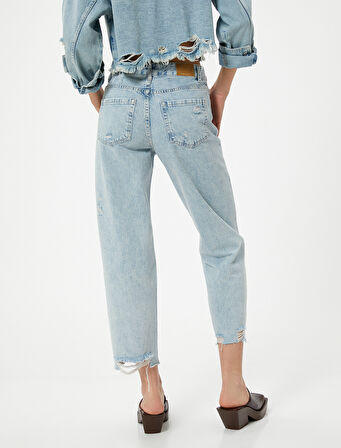 Çok Yıpratmalı Kısa Düz Kesik Paça Kot Pantolon Cepli - Eve Straight Jeans