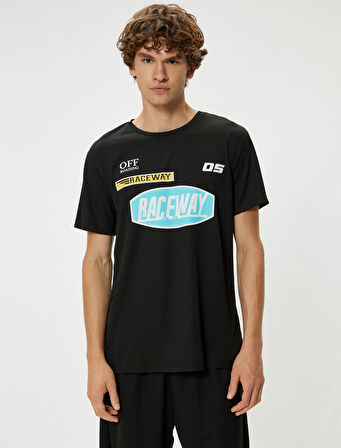 Spor Tişört Slogan Baskılı Bisiklet Yaka Kısa Kollu