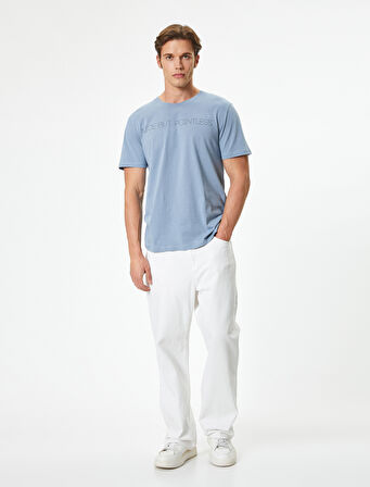 Slim Fit Tişört Slogan Baskılı Kısa Kollu Bisiklet Yaka Pamuklu