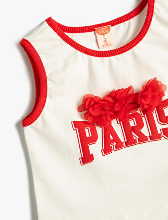 Crop Atlet Paris Baskılı Çiçek Aplikeli Bisiklet Yaka Pamuklu