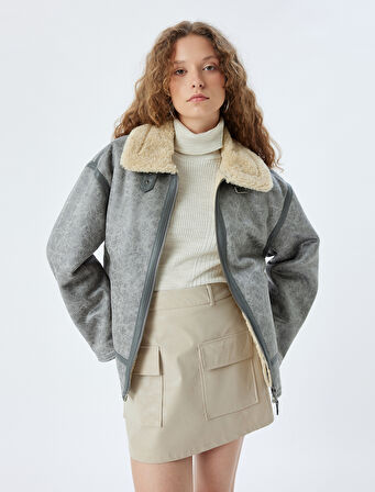 Oversize Suni Deri Ceket Klasik Peluş Yaka Fermuarlı Cep Detaylı