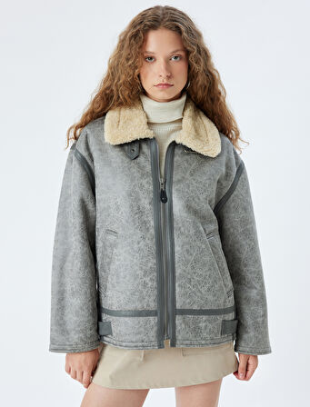 Oversize Suni Deri Ceket Klasik Peluş Yaka Fermuarlı Cep Detaylı