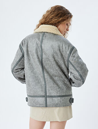 Oversize Suni Deri Ceket Klasik Peluş Yaka Fermuarlı Cep Detaylı