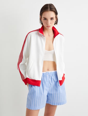 Fermuarlı Sweatshirt Dik Yaka Fermuarlı Cepli Şeritli