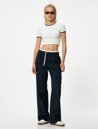 Crop Tişört Renk Kontrastlı Biyeli Ribanalı Pamuklu Slim Fit