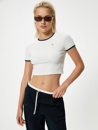 Crop Tişört Renk Kontrastlı Biyeli Ribanalı Pamuklu Slim Fit