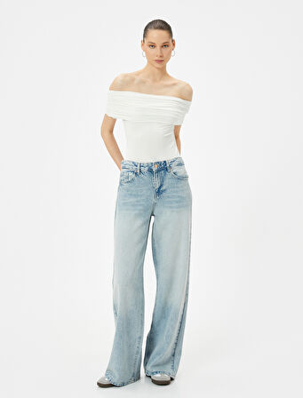 Omzu Açık Tişört Drape Detaylı Slim Fit Viskoz Kumaş
