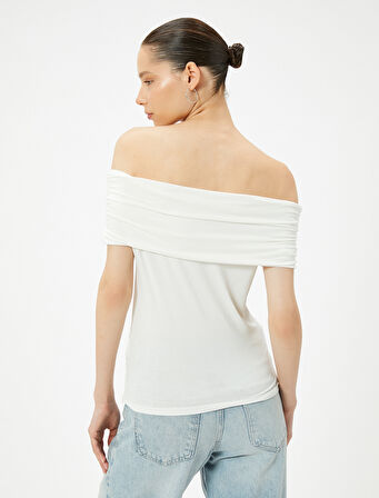 Omzu Açık Tişört Drape Detaylı Slim Fit Viskoz Kumaş