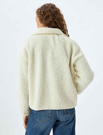 Oversize Peluş Ceket Fermuarlı Cep Detaylı Dik Yaka Çıtçıt Düğmeli