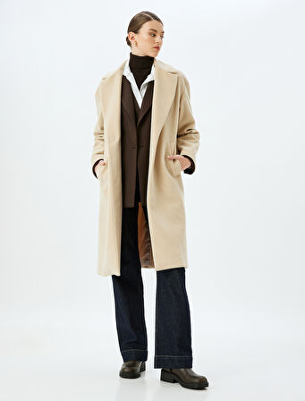 Düğmeli Kruvaze Uzun Kaşe Kaban 