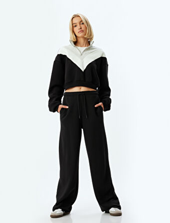 Renk Bloklu Dik Yaka Üç İplik Şardonlu Yarım Fermuarlı Crop Sweatshirt