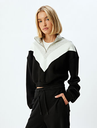 Renk Bloklu Dik Yaka Üç İplik Şardonlu Yarım Fermuarlı Crop Sweatshirt