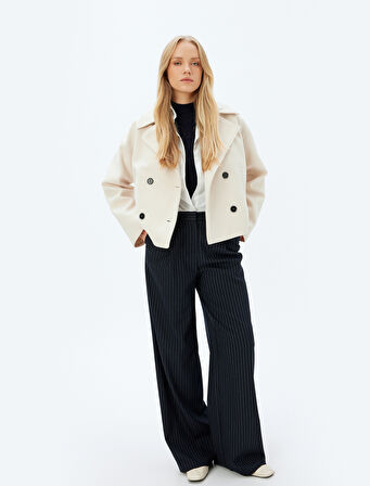 Kruvaze Kısa Kaşe Kaban Cepli Düğmeli