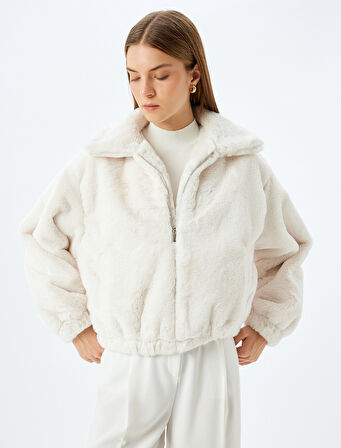 Fermuarlı Crop Oversize Bomber Peluş Ceket