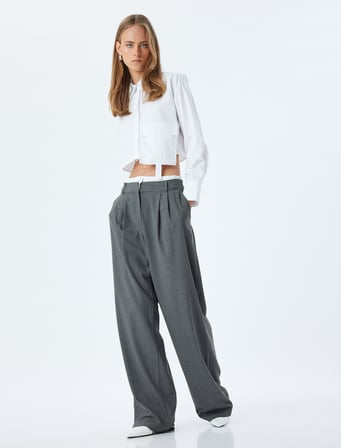 Çift Bel Detaylı Geniş Paça Baggy Kumaş Pantolon