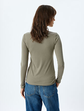 Boğazlı Body Fitilli Uzun Kollu Modal Kumaş