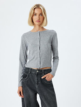 Düğmeli Hırka Yuvarlak Yaka Uzun Kollu Slim Fit