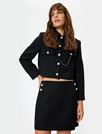 Mini A Kesim Tüvit Etek Cepli İnci Düğme Detaylı 