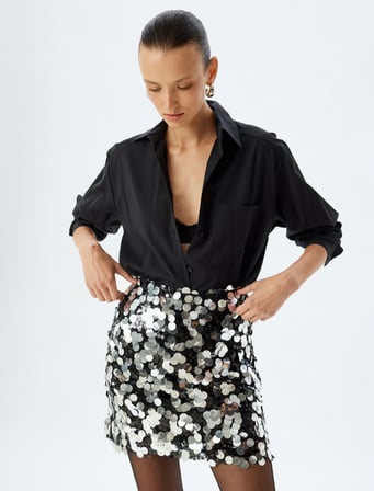 Abiye Etek Mini Pullu Payetli Standart Bel Slim Fit