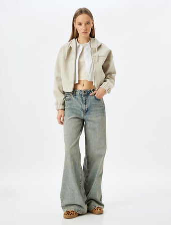Kapüşonlu Fermuarlı Dikiş Detaylı Crop Sweatshirt