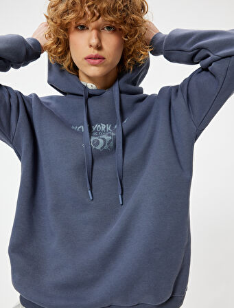 Arkası Baskılı Sweatshirt Kapüşonlu Oversize Kolej Temalı Uzun Kollu