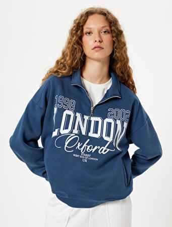 Yarım Fermuarlı Sweatshirt Oversize Kolej Baskılı Cep Detaylı 