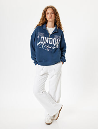 Yarım Fermuarlı Sweatshirt Oversize Kolej Baskılı Cep Detaylı 