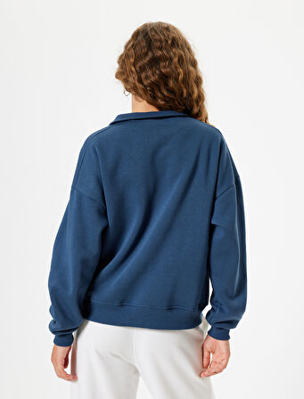 Yarım Fermuarlı Sweatshirt Oversize Kolej Baskılı Cep Detaylı 