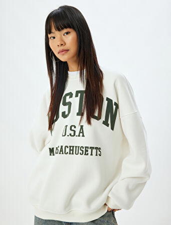 Oversize Sweatshirt Bisiklet Yaka Kolej Baskılı Uzun Kollu