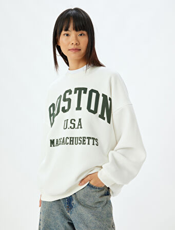 Oversize Sweatshirt Bisiklet Yaka Kolej Baskılı Uzun Kollu