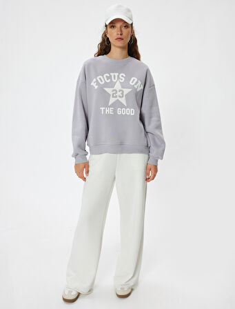 Oversize Bisiklet Yaka Sweatshirt Kolej Baskılı Şardonlu