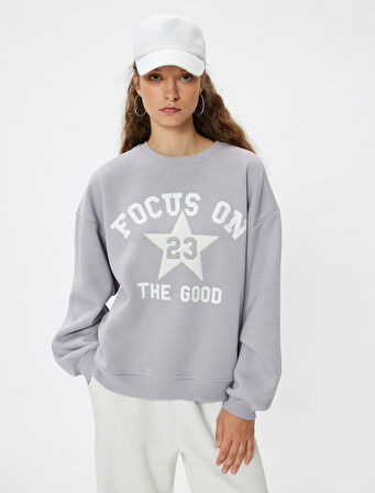 Oversize Bisiklet Yaka Sweatshirt Kolej Baskılı Şardonlu