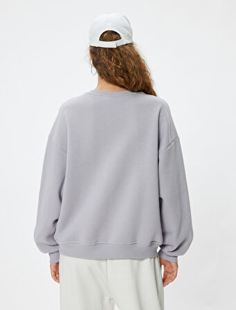 Oversize Bisiklet Yaka Sweatshirt Kolej Baskılı Şardonlu