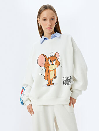 Tom ve Jerry Baskılı Bisiklet Yaka Şardonlu Rahat Kalıp Lisanslı Sweatshirt