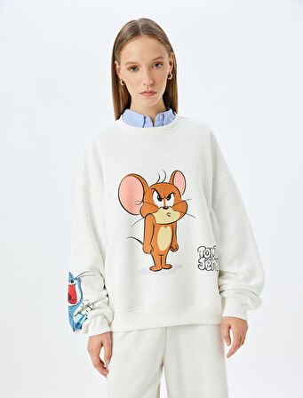 Tom ve Jerry Baskılı Bisiklet Yaka Şardonlu Rahat Kalıp Lisanslı Sweatshirt