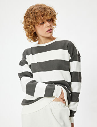 Oversize Sweatshirt Bisiklet Yaka Uzun Kollu Renk Bloklu